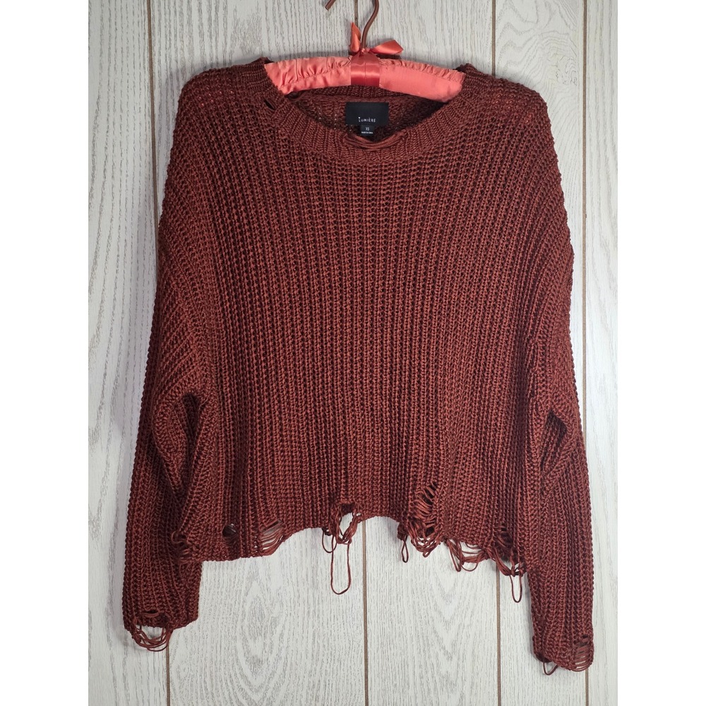 Lumiere Womens Rust Brown Distressed Open Knit Cotton Cropped Sweater XS NT18659